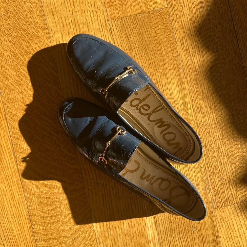 Sam Edelman navy leather loafers with gold buckle